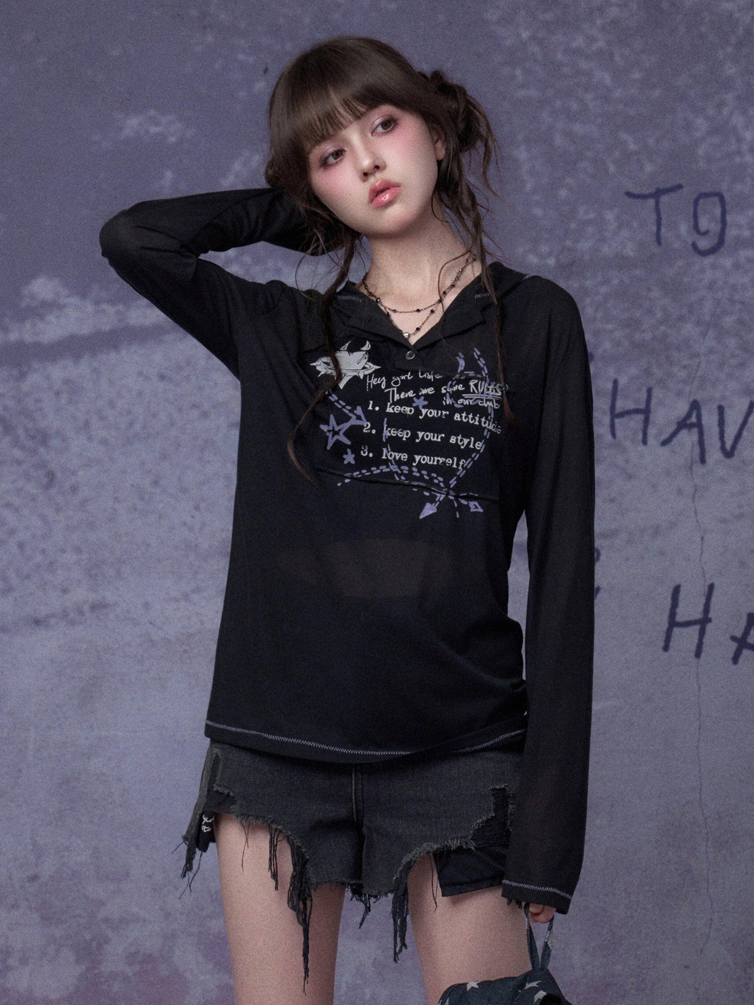 SagiDolls Edgy Mesh Graffiti Print Hooded Women's Polyester Blend Long Sleeve T-shirts