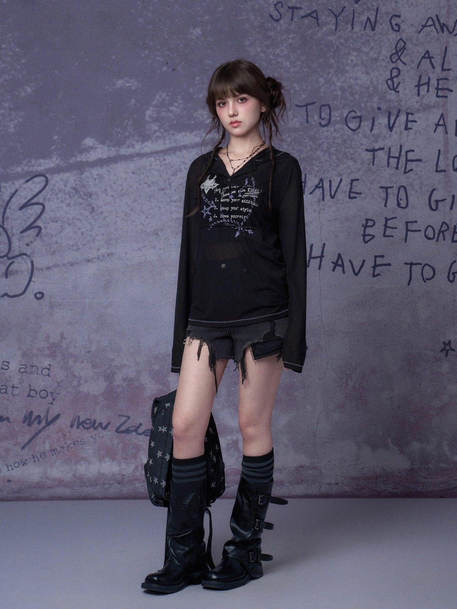 SagiDolls Edgy Mesh Graffiti Print Hooded Women's Polyester Blend Long Sleeve T-shirts