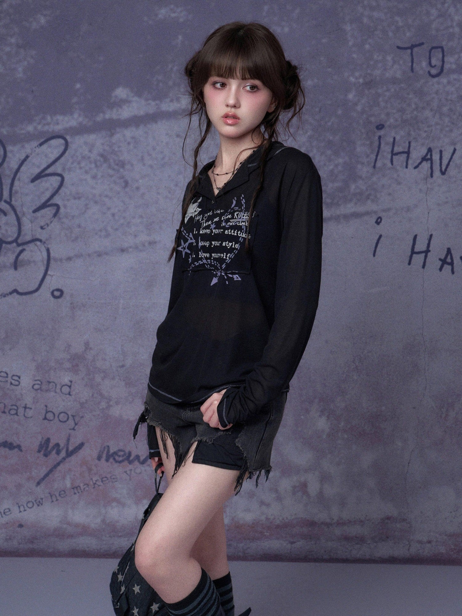 SagiDolls Edgy Mesh Graffiti Print Hooded Women's Polyester Blend Long Sleeve T-shirts