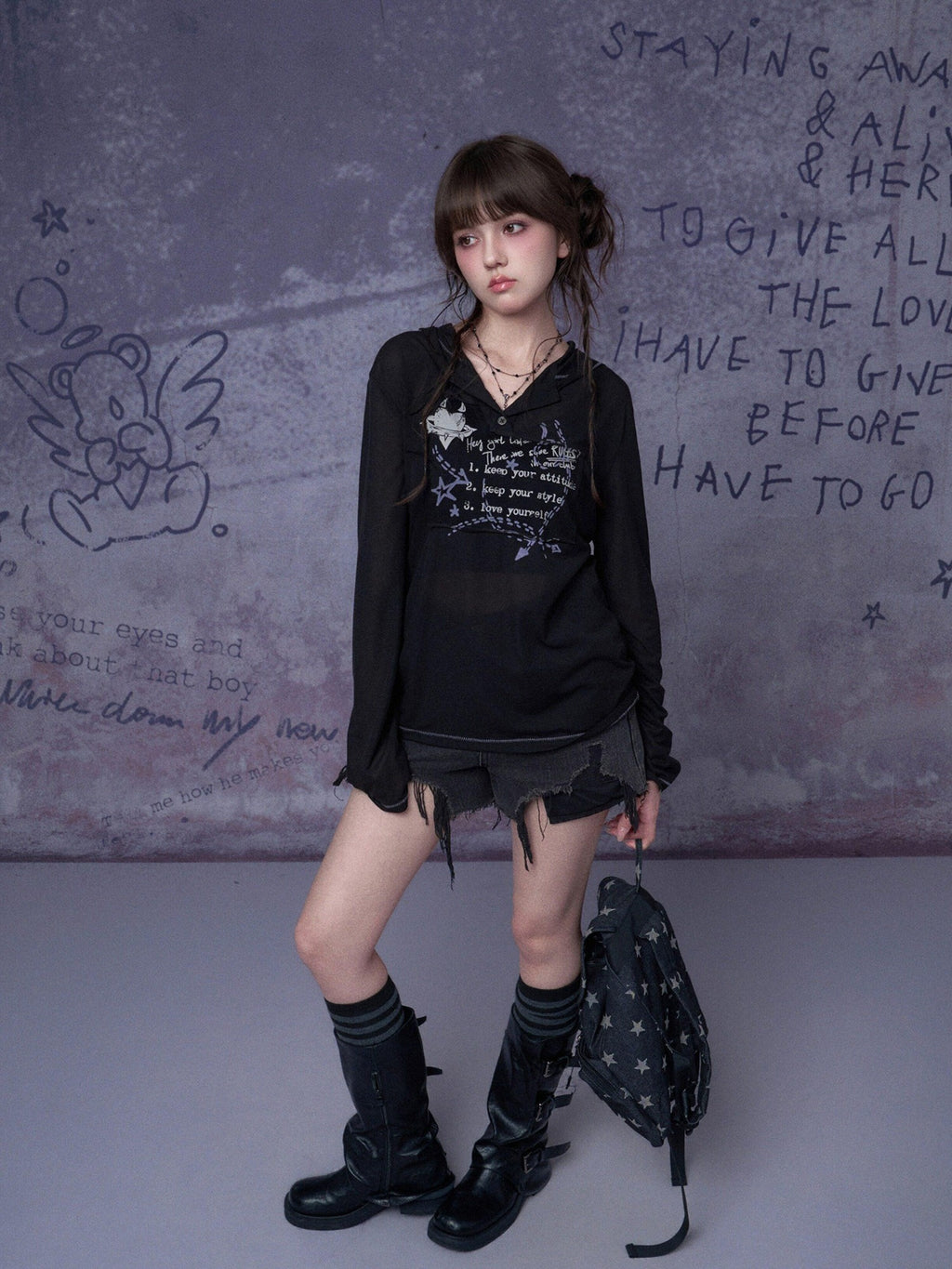 SagiDolls Edgy Mesh Graffiti Print Hooded Women's Polyester Blend Long Sleeve T-shirts