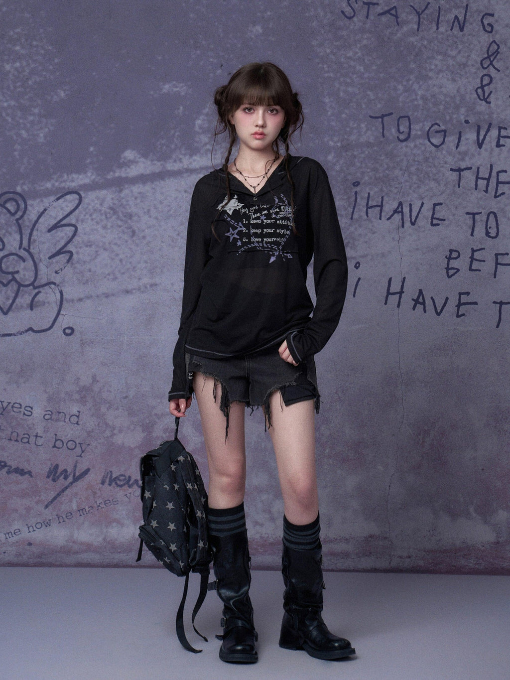 SagiDolls Edgy Mesh Graffiti Print Hooded Women's Polyester Blend Long Sleeve T-shirts