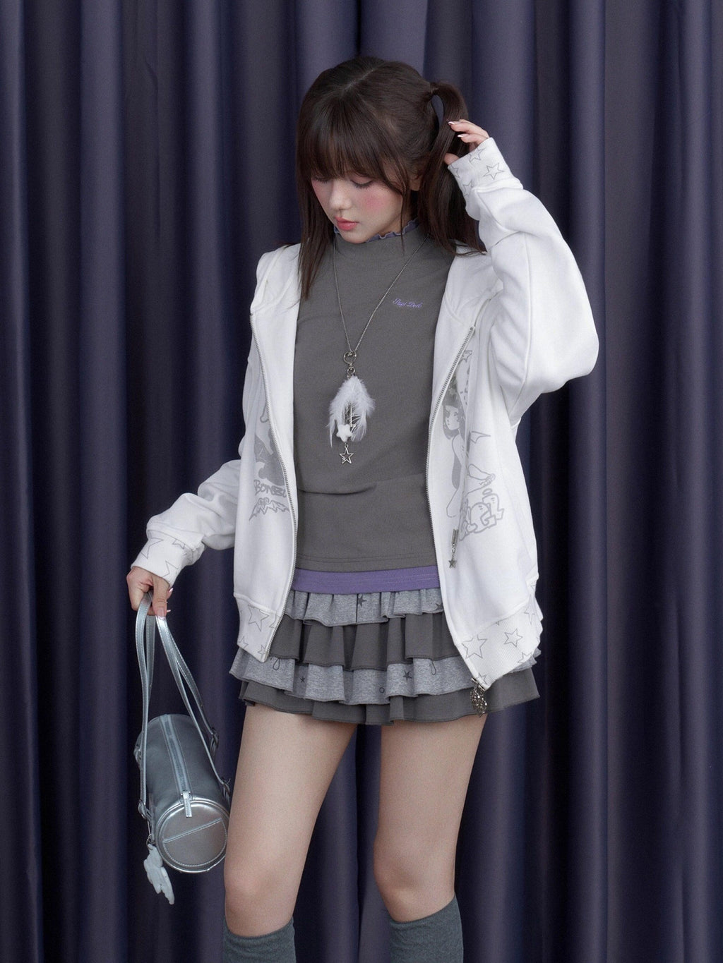 SagiDolls Embroidered Faux Layered Mock Neck Women's Cotton Blend Long Sleeve T-shirts