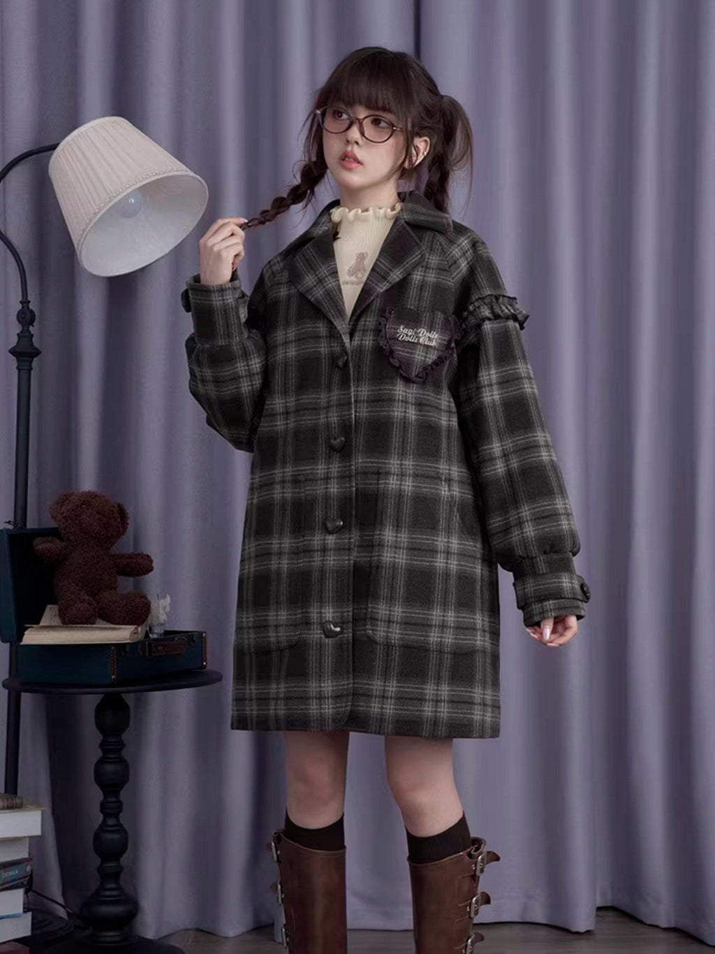 SagiDolls Embroidered Plaid Padded Princess Women's Short Pile Wool Blend Short Coats