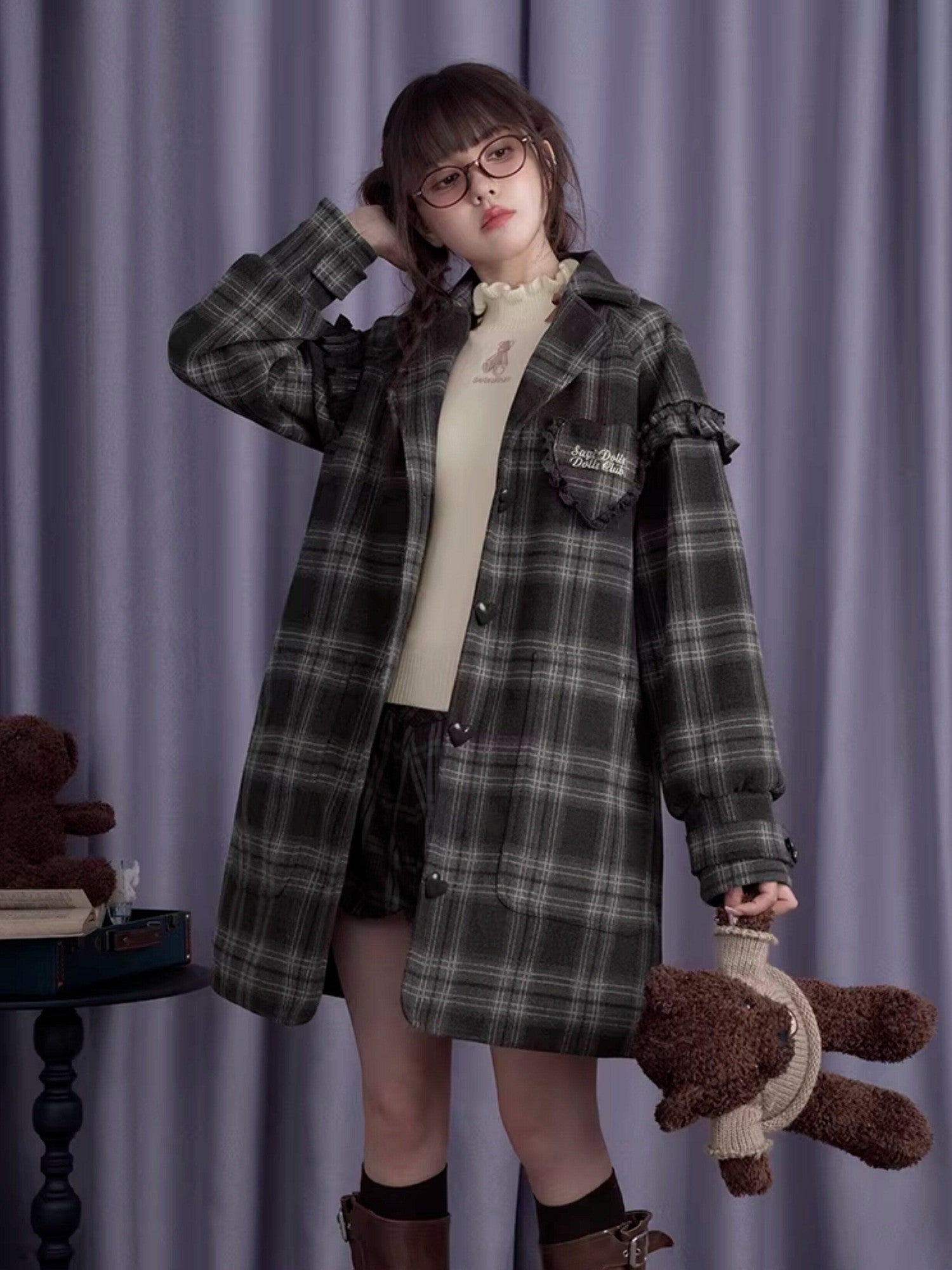 SagiDolls Embroidered Plaid Padded Princess Women's Short Pile Wool Blend Short Coats