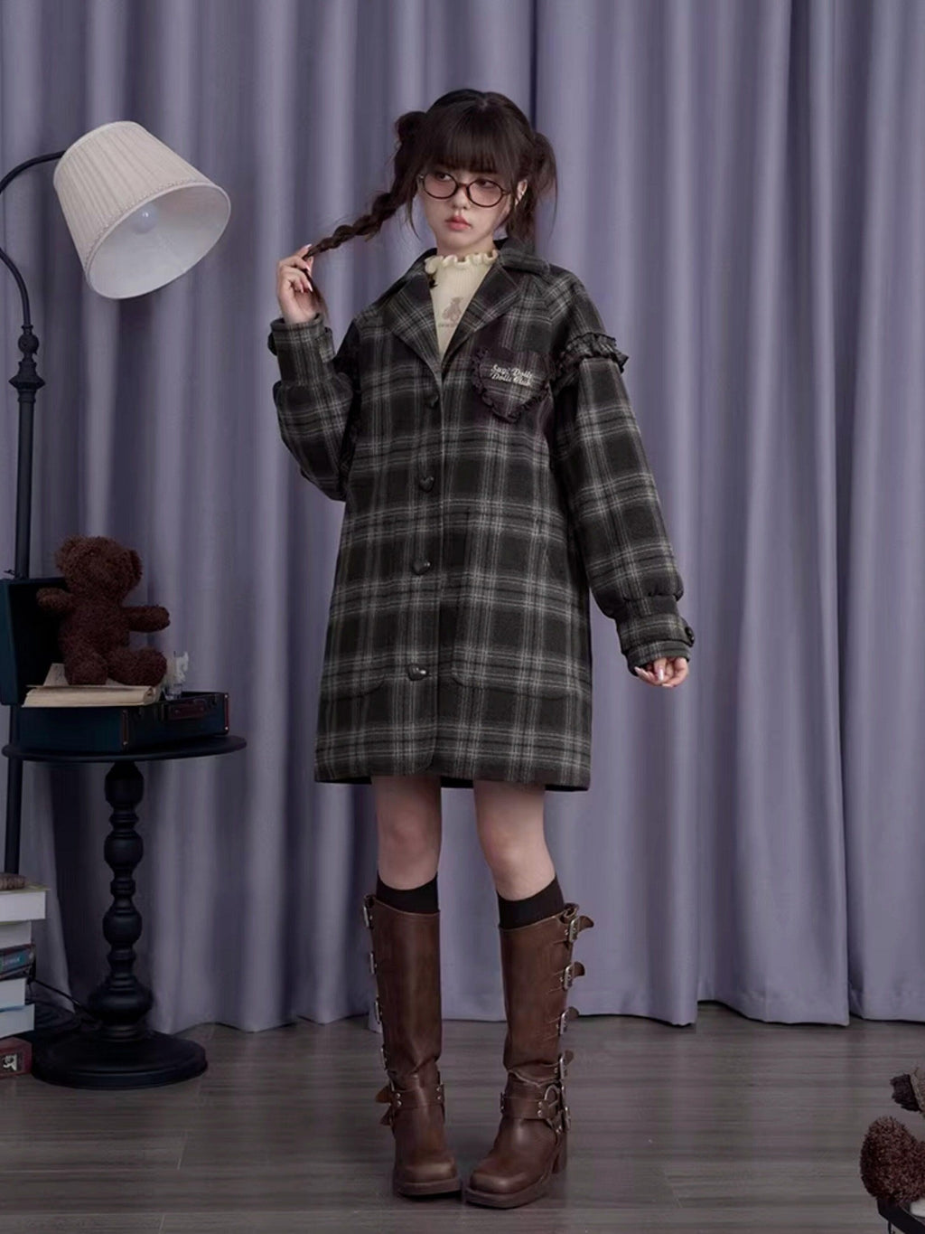 SagiDolls Embroidered Plaid Padded Princess Women's Short Pile Wool Blend Short Coats