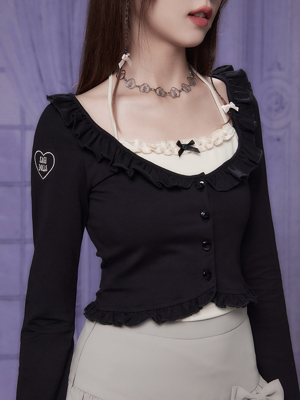 SagiDolls Embroidered Ruffle Trim Slim Fit Cotton Knit Women's Boleros & Shrugs