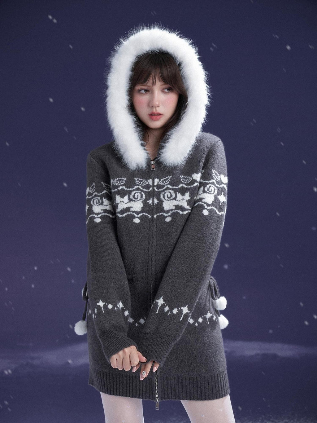 SagiDolls Fair Isle Cat Jacquard Hooded Wool Blend Women's Bodycon Mini Dresses