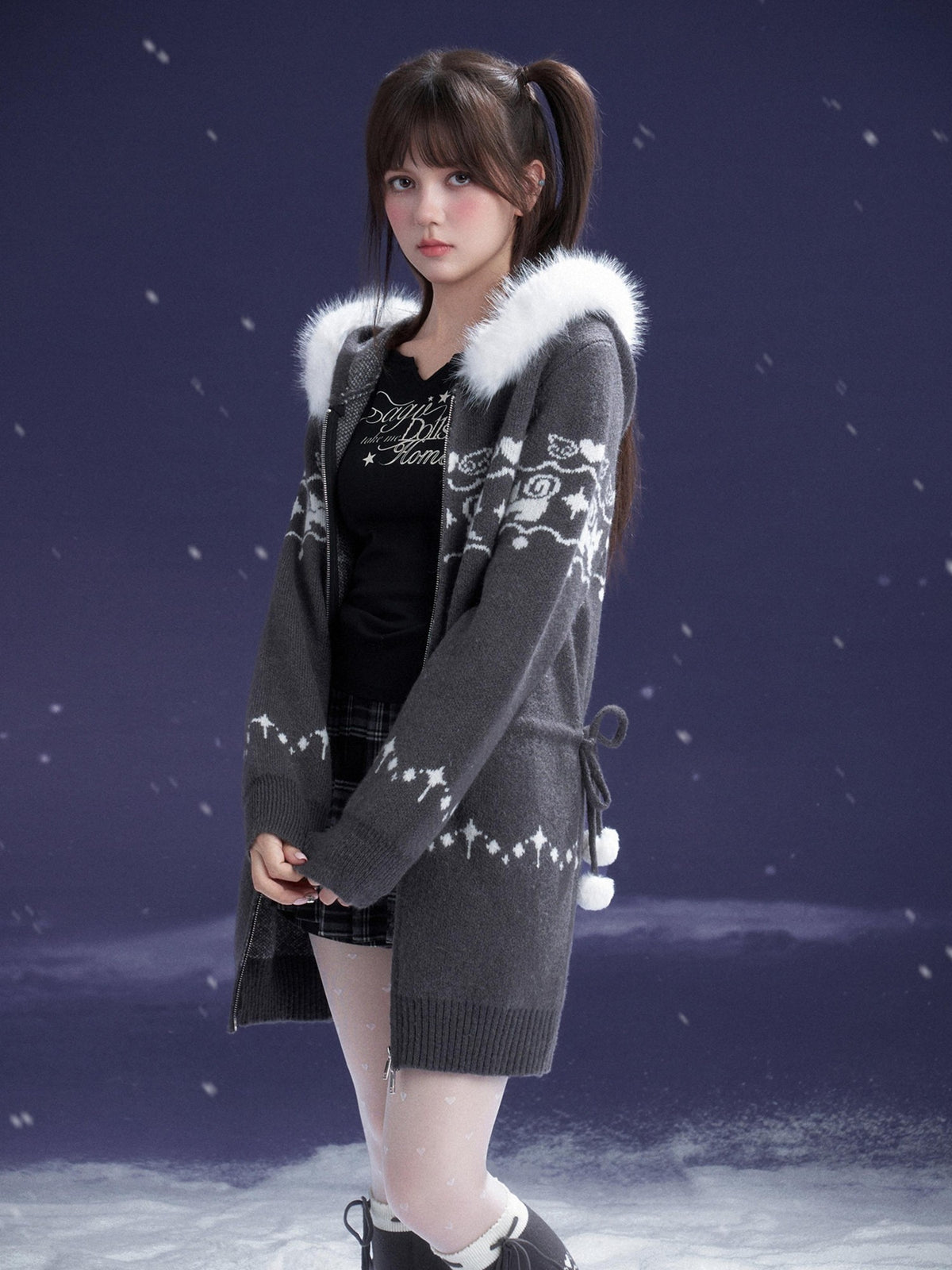 SagiDolls Fair Isle Cat Jacquard Hooded Wool Blend Women's Bodycon Mini Dresses