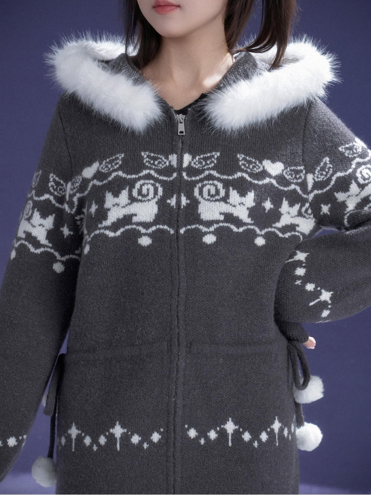 SagiDolls Fair Isle Cat Jacquard Hooded Wool Blend Women's Bodycon Mini Dresses