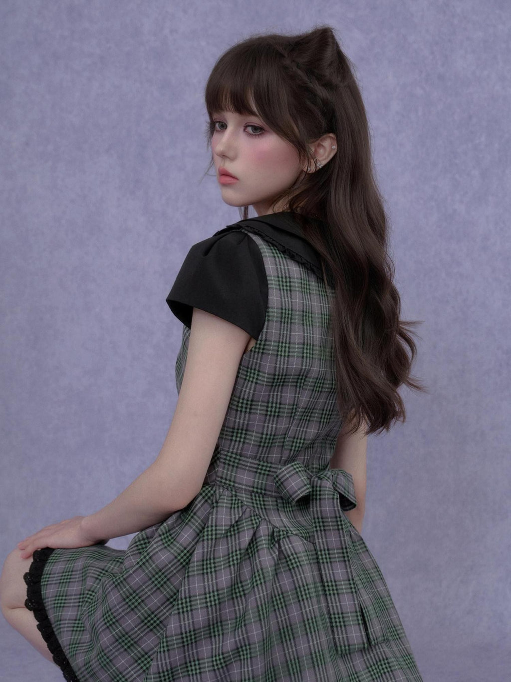 SagiDolls Fairy Green Purple Plaid Peter Pan Collar Women's Polyester Corset Mini Dresses