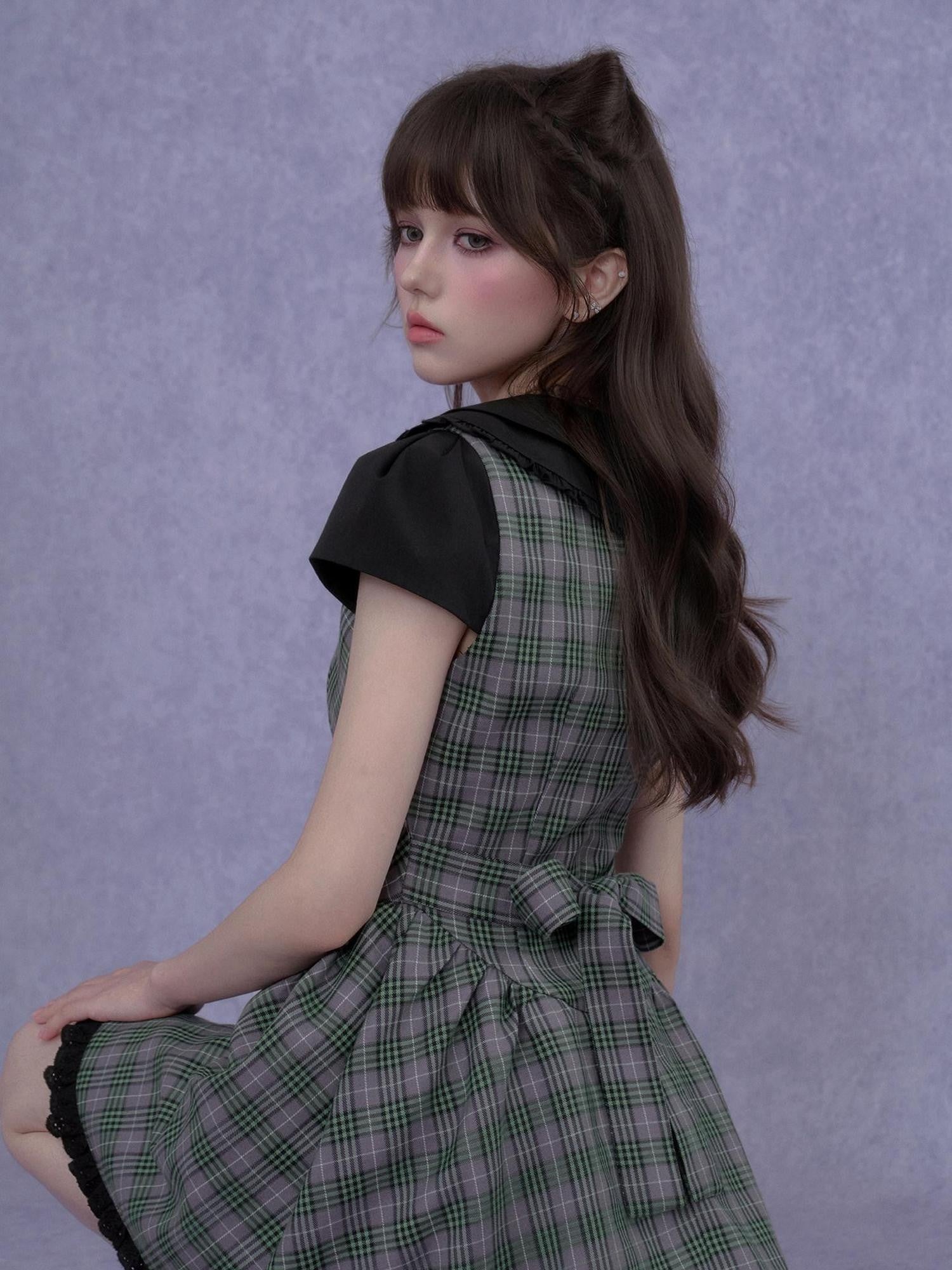 SagiDolls Fairy Green Purple Plaid Peter Pan Collar Women's Polyester Corset Mini Dresses