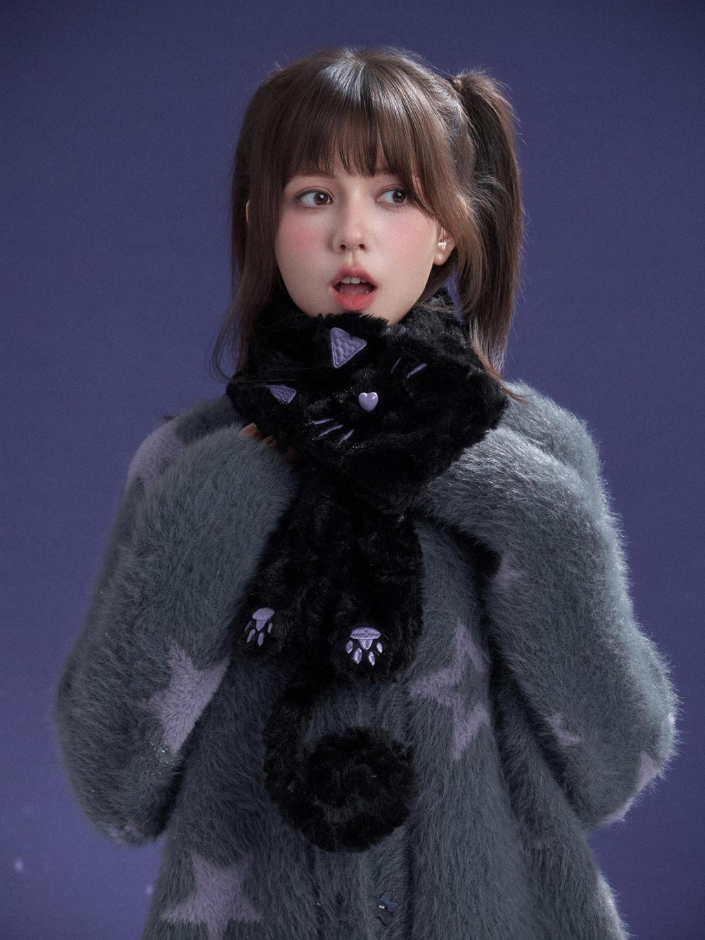 SagiDolls Fluffy Embroidered Cat Women's Polyester Knit Scarves & Shawls