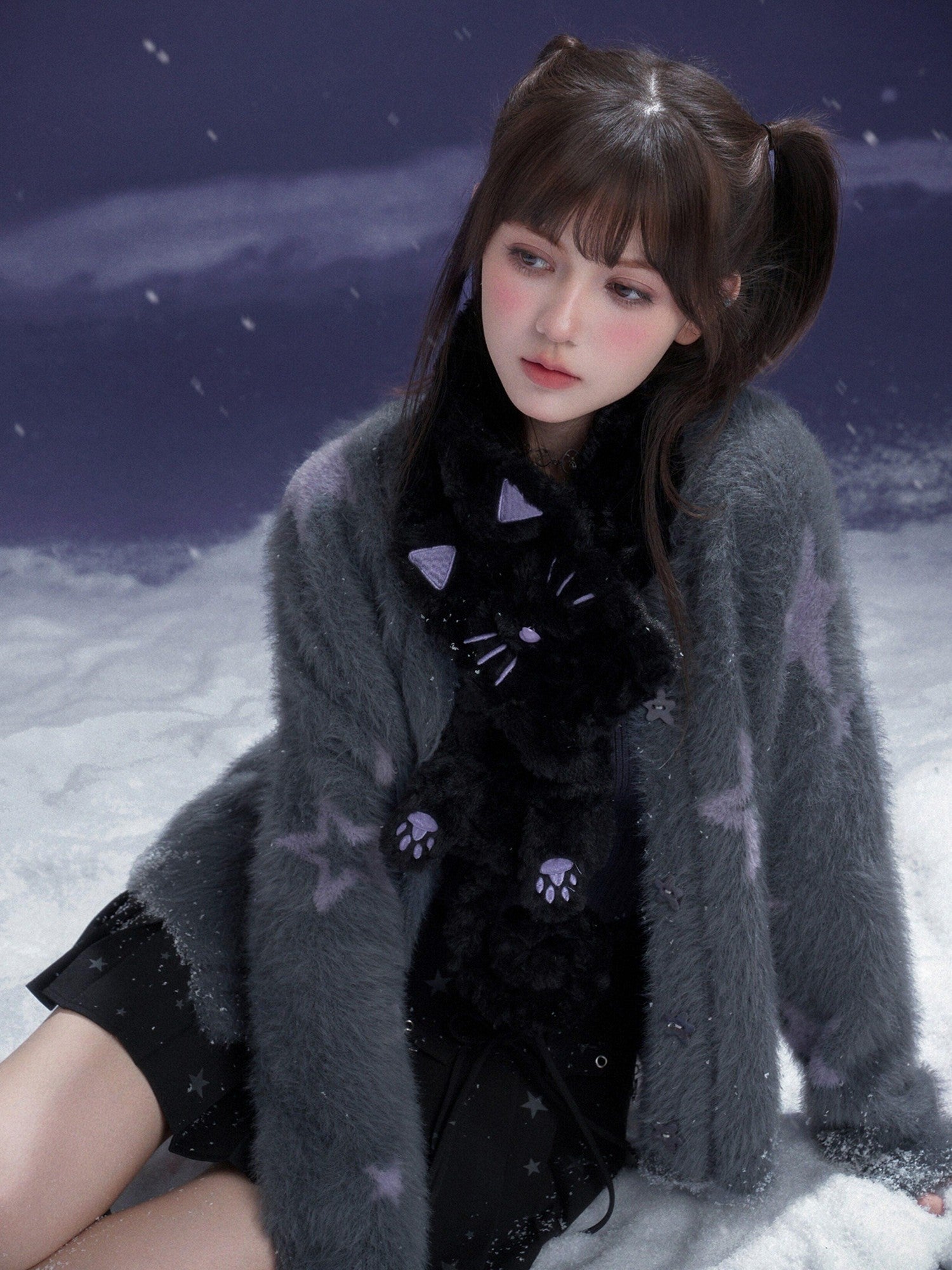 SagiDolls Fluffy Embroidered Cat Women's Polyester Knit Scarves & Shawls