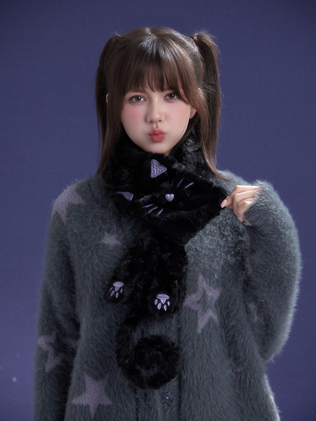 SagiDolls Fluffy Embroidered Cat Women's Polyester Knit Scarves & Shawls