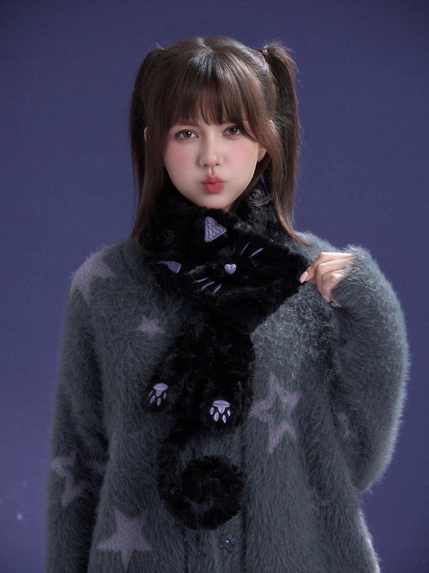 SagiDolls Fluffy Embroidered Cat Women's Polyester Knit Scarves & Shawls