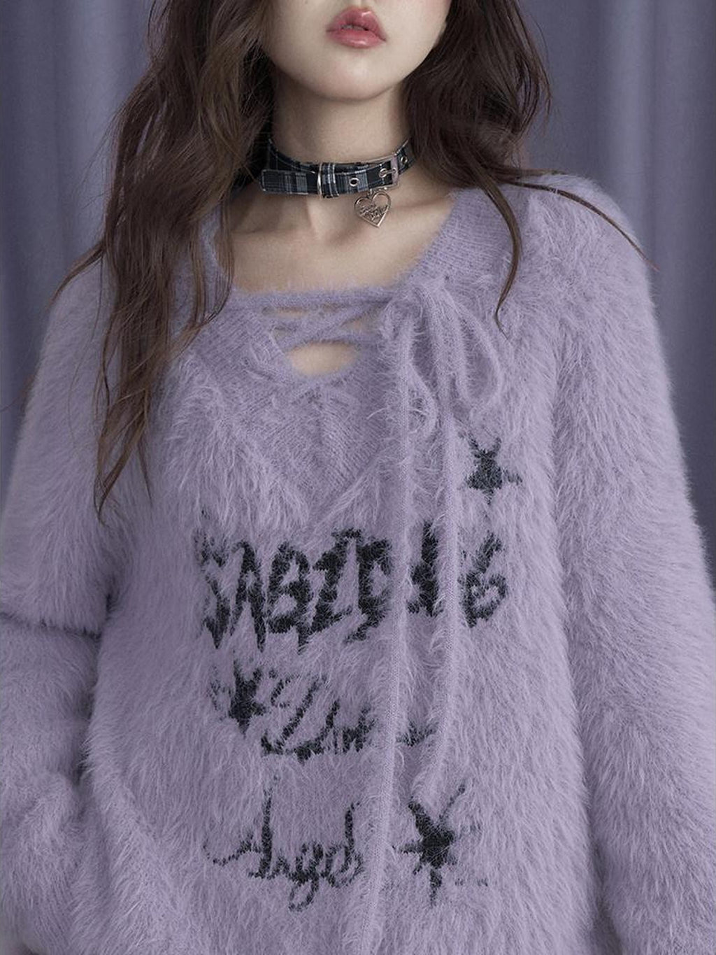 SagiDolls Fluffy Purple Jacquard Tie V-neck Oversized Women's Nylon Knitted Sweaters