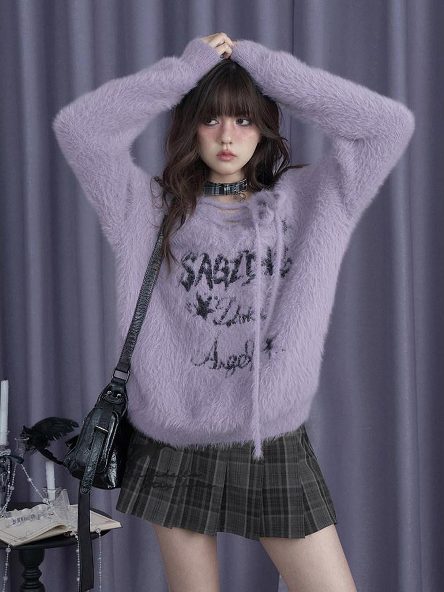 SagiDolls Fluffy Purple Jacquard Tie V-neck Oversized Women's Nylon Knitted Sweaters