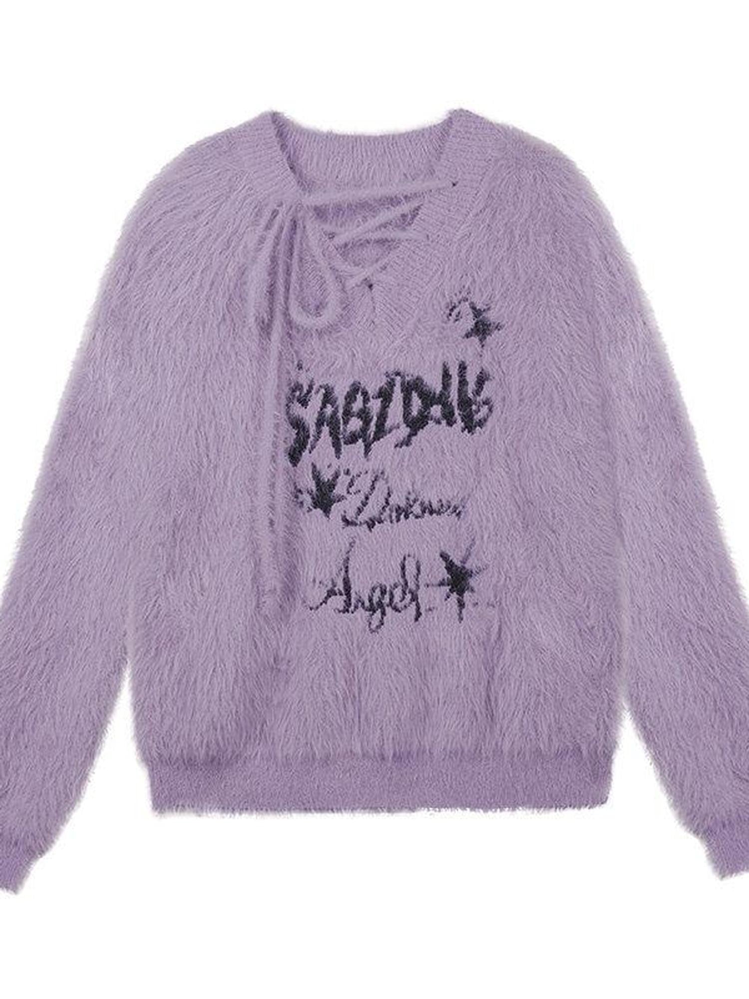 SagiDolls Fluffy Purple Jacquard Tie V-neck Oversized Women's Nylon Knitted Sweaters