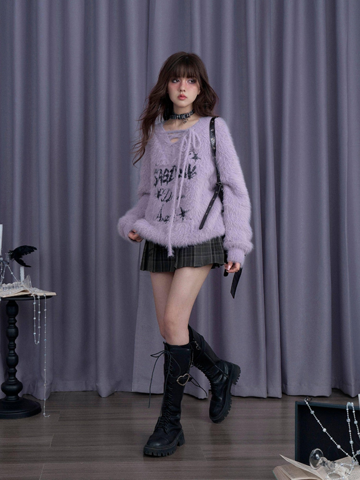 SagiDolls Fluffy Purple Jacquard Tie V-neck Oversized Women's Nylon Knitted Sweaters