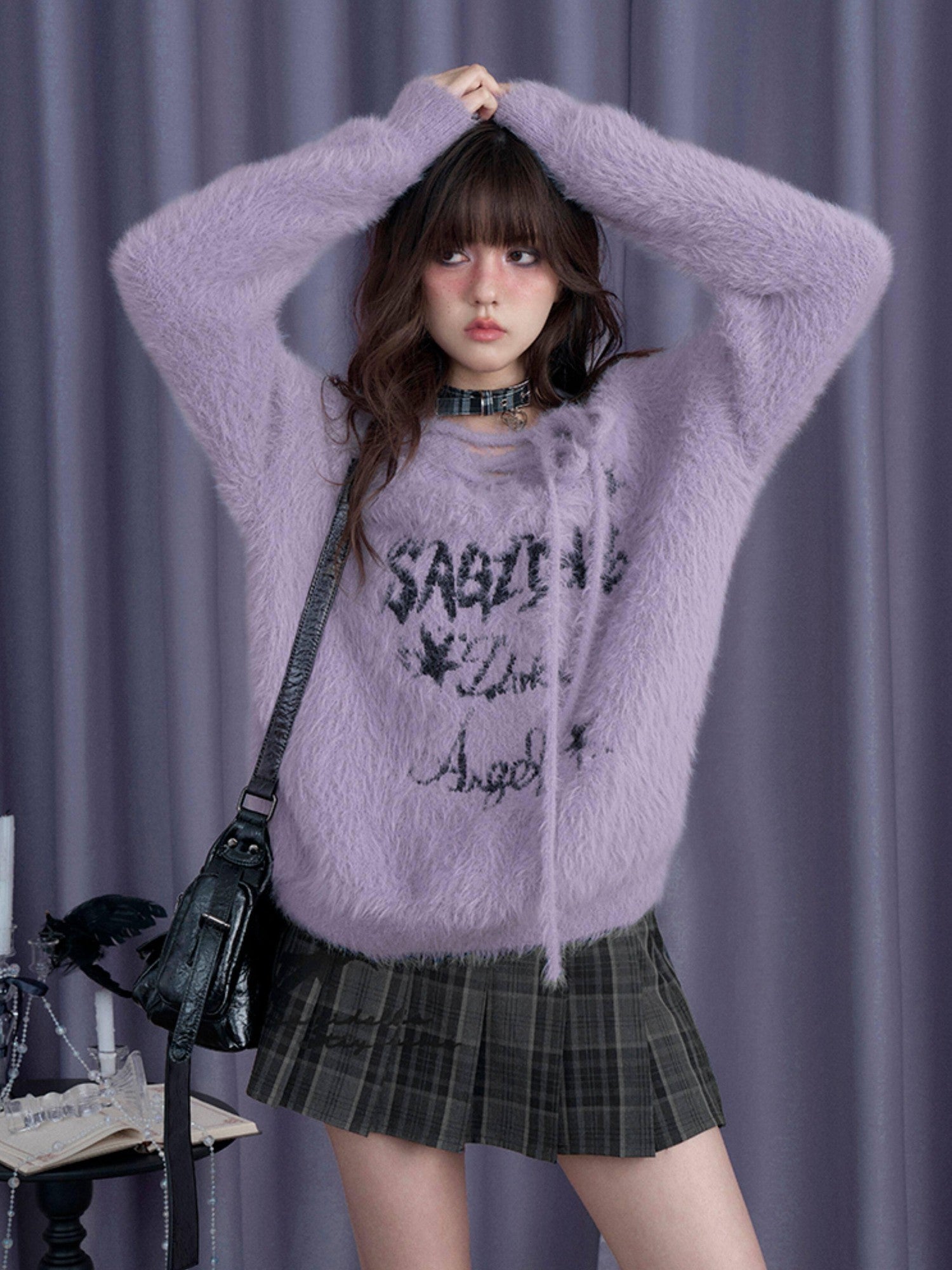 SagiDolls Fluffy Purple Jacquard Tie V-neck Oversized Women's Nylon Knitted Sweaters
