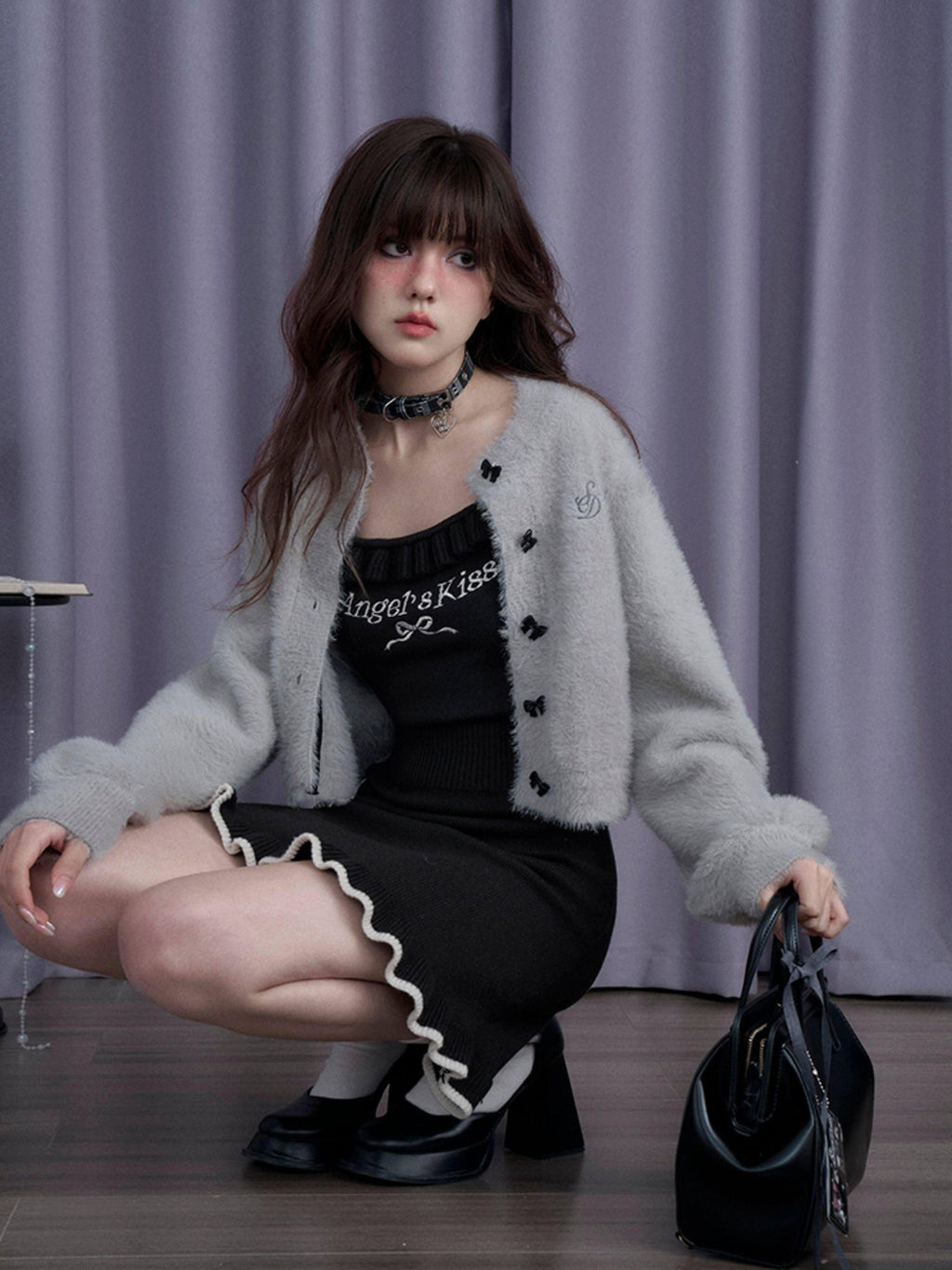 SagiDolls Fuzzy Bow Puff Sleeve Knit Women's Nylon Blend Bodycon Mini Dresses