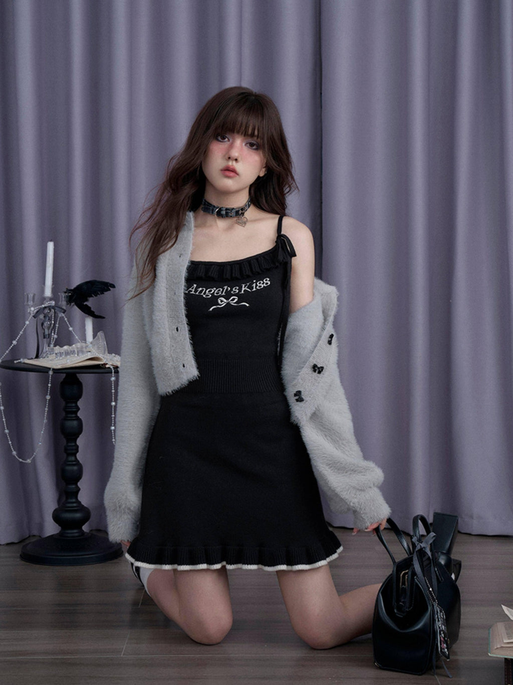 SagiDolls Fuzzy Bow Puff Sleeve Knit Women's Nylon Blend Bodycon Mini Dresses