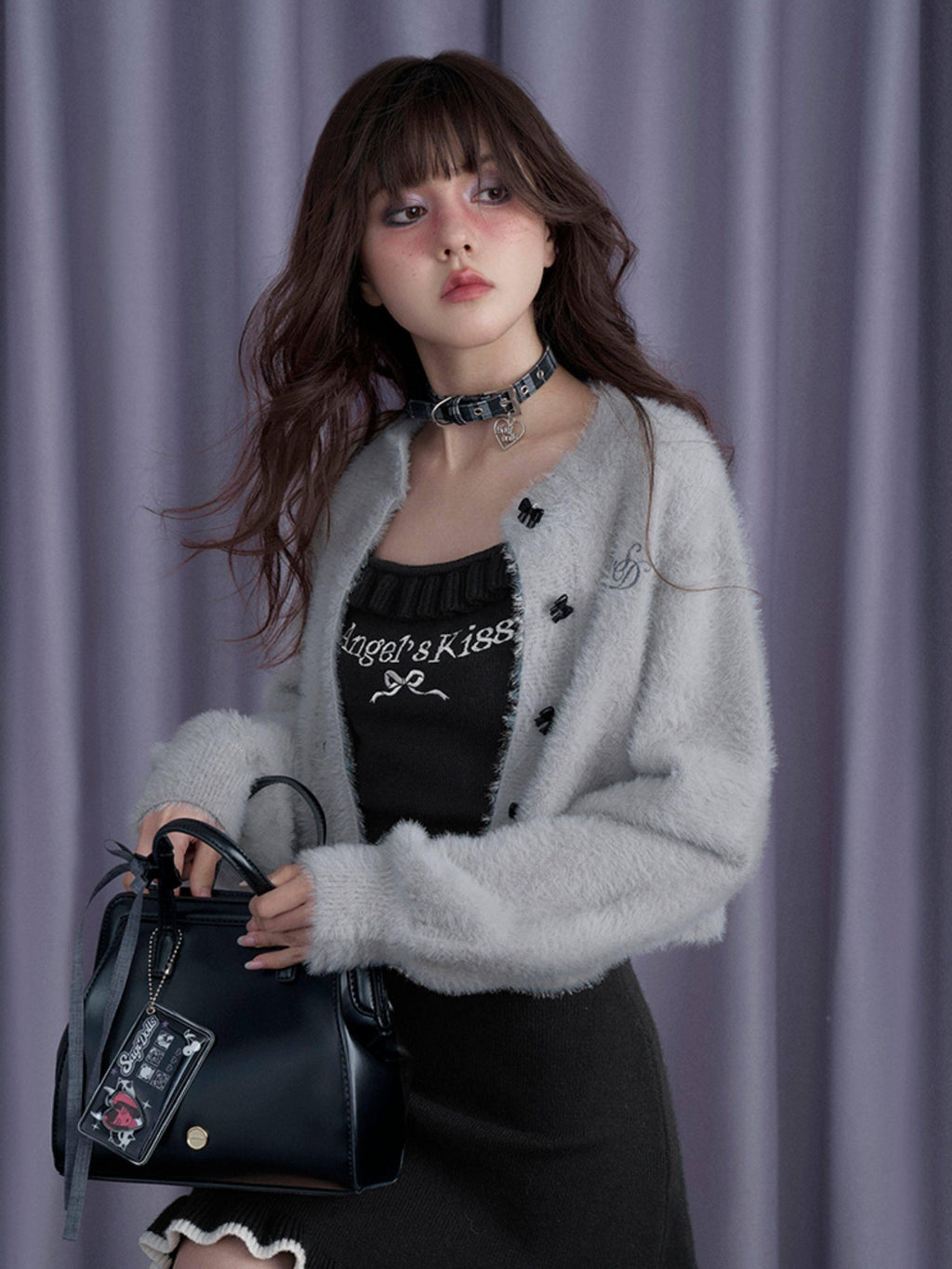 SagiDolls Fuzzy Bow Puff Sleeve Knit Women's Nylon Blend Bodycon Mini Dresses