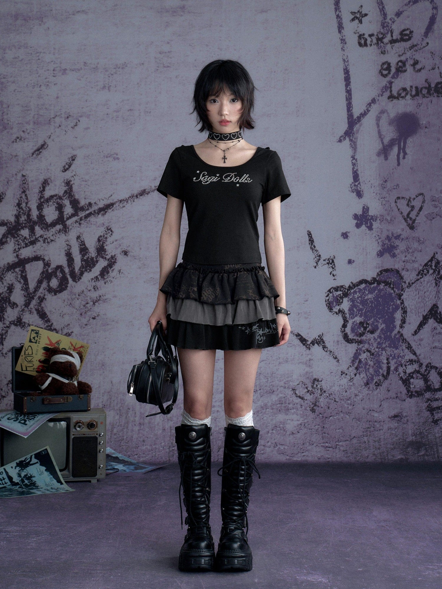 SagiDolls Graffiti Number Print High Waist Women's Cotton Blend Tiered Skirts
