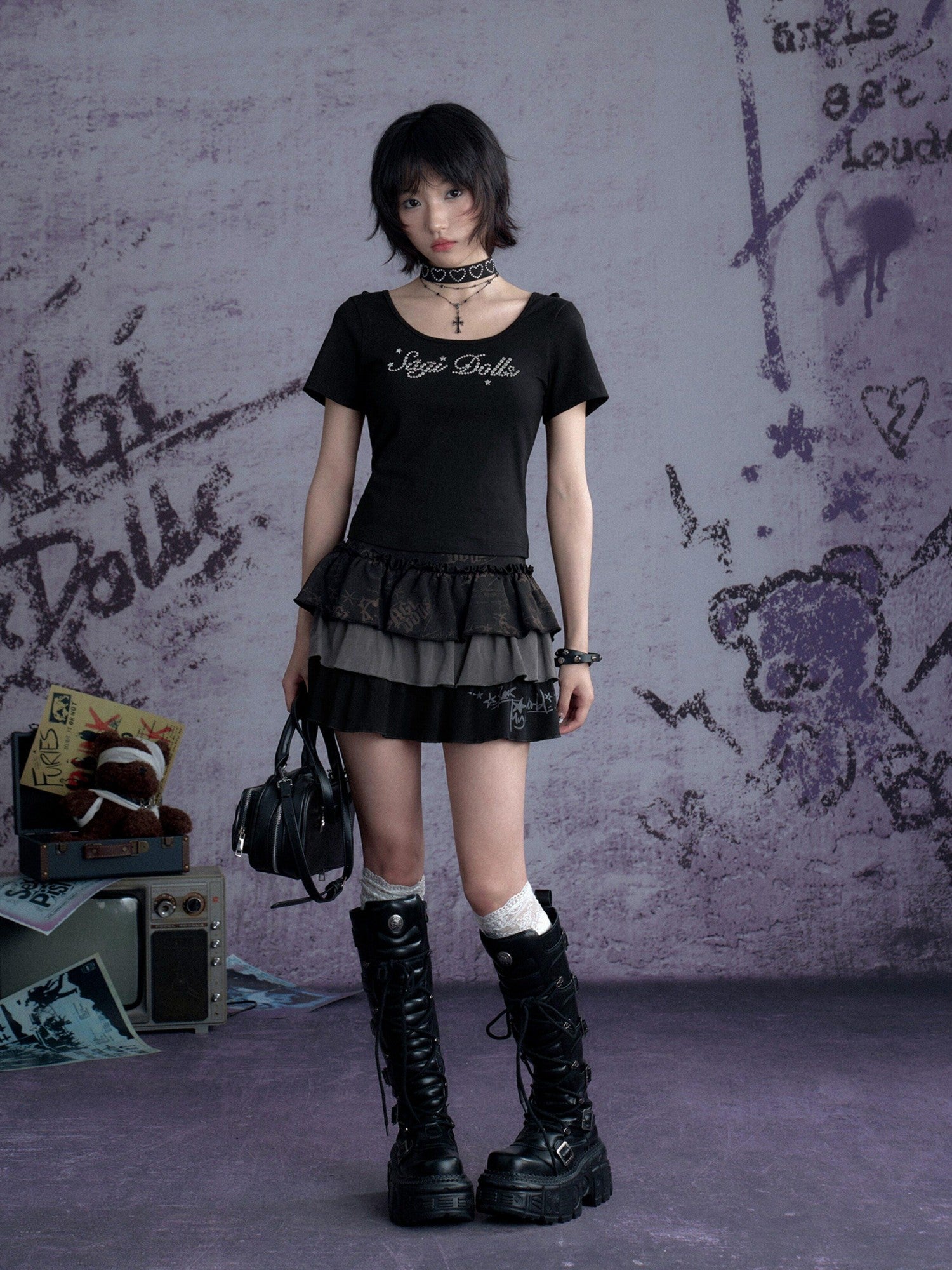 SagiDolls Graffiti Number Print High Waist Women's Cotton Blend Tiered Skirts