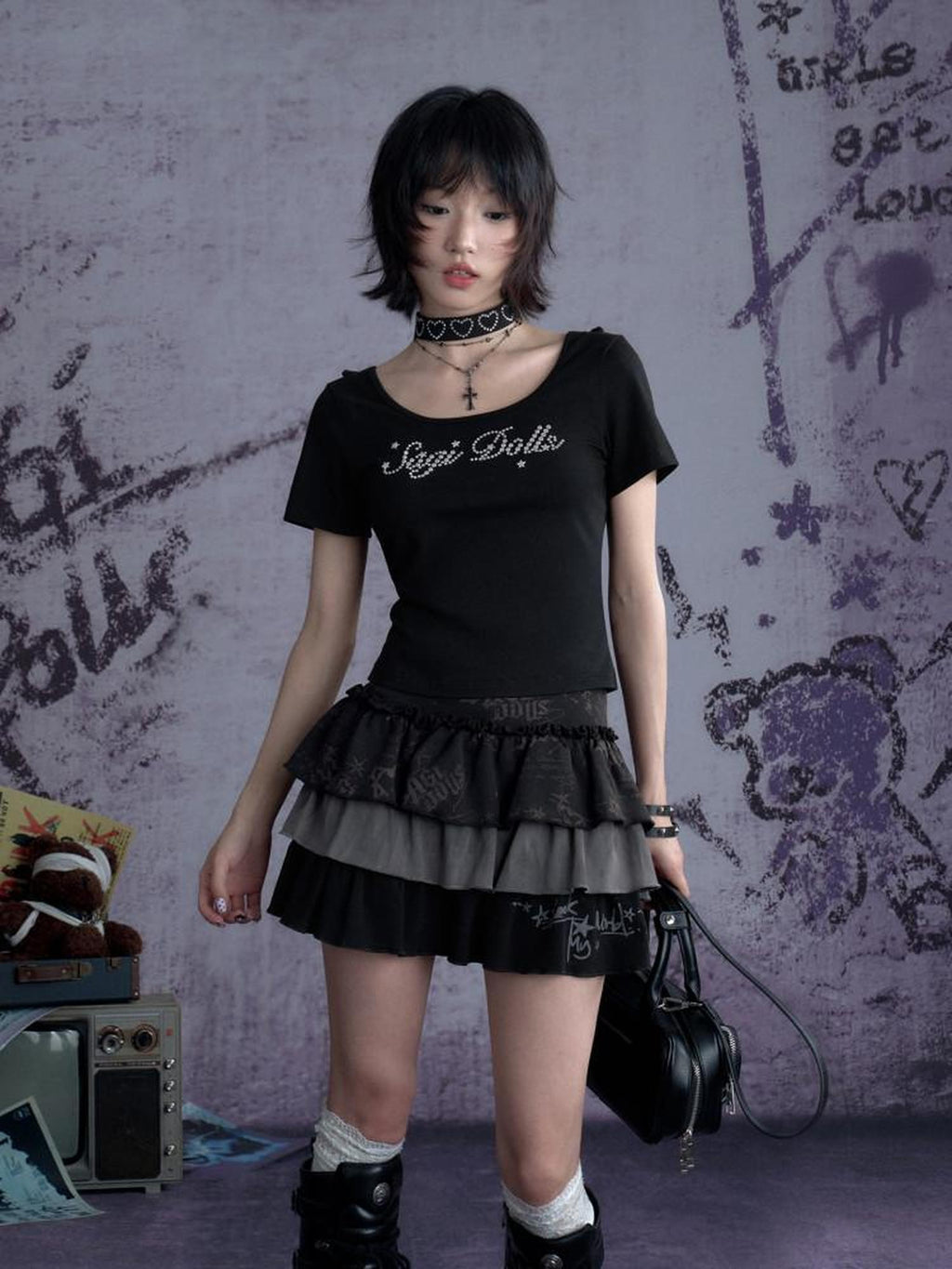 SagiDolls Graffiti Number Print High Waist Women's Cotton Blend Tiered Skirts