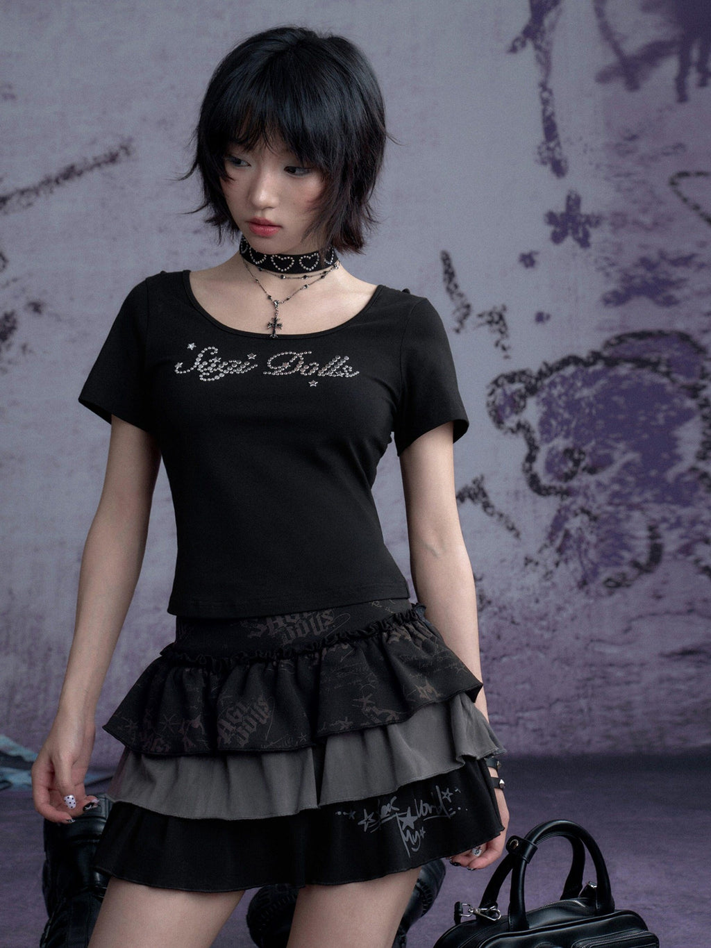 SagiDolls Graffiti Number Print High Waist Women's Cotton Blend Tiered Skirts