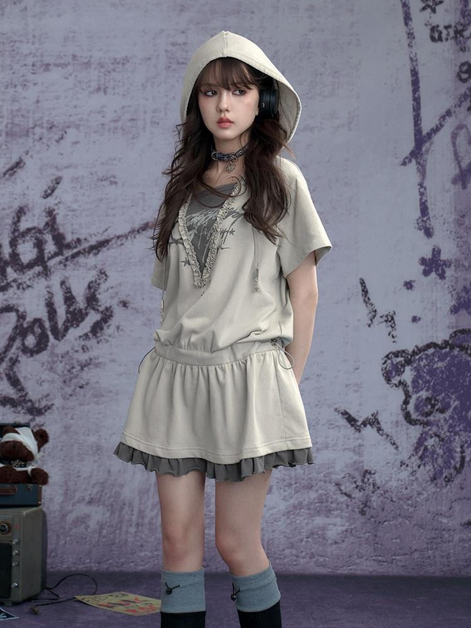 SagiDolls Graffiti Patchwork Hooded Women's Knit Cotton Casual Mini Dresses