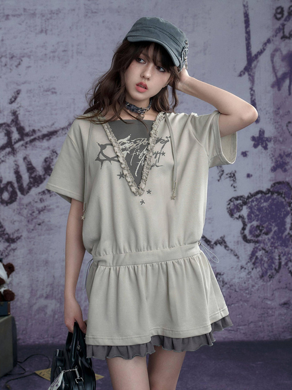 SagiDolls Graffiti Patchwork Hooded Women's Knit Cotton Casual Mini Dresses