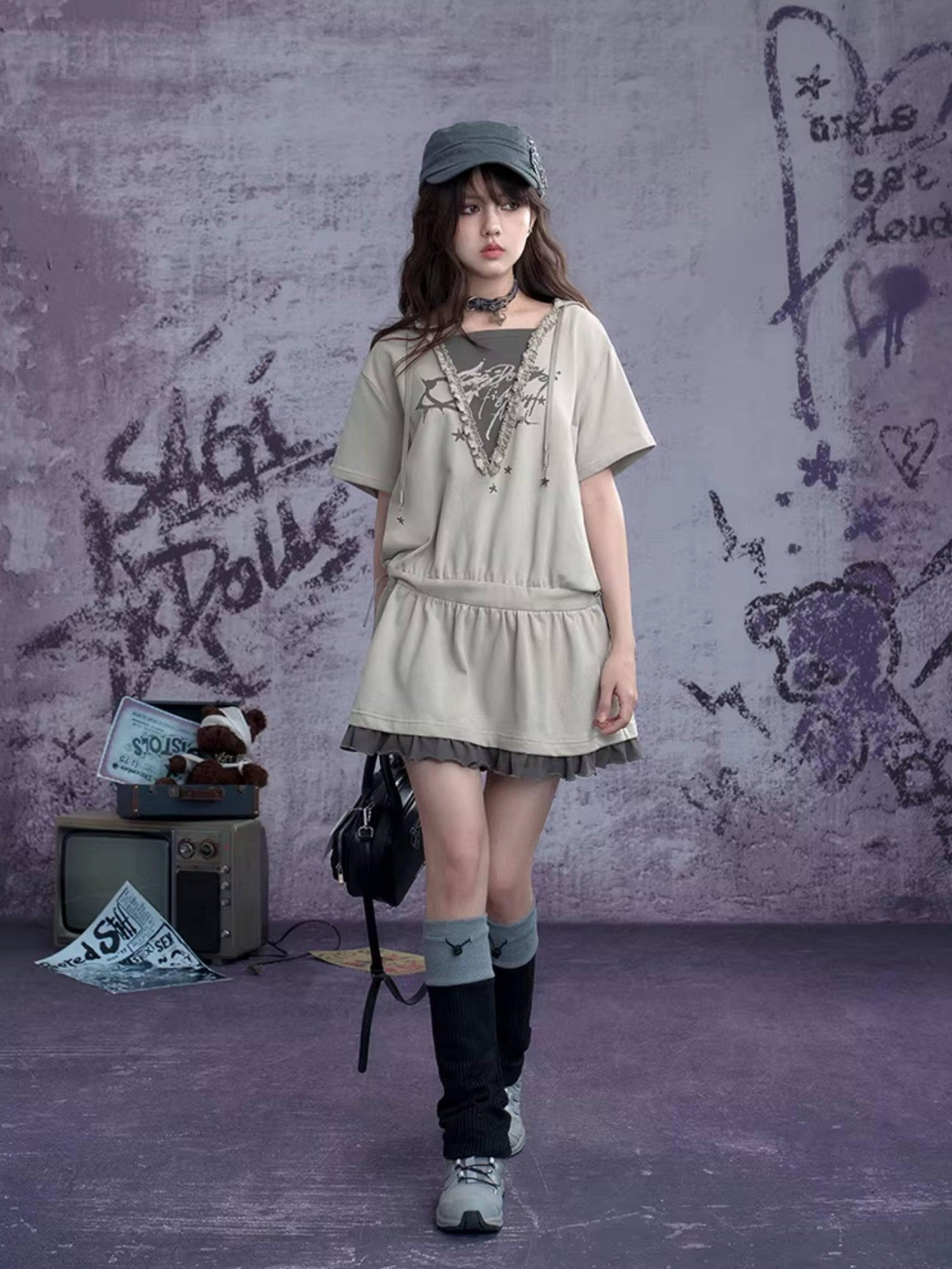SagiDolls Graffiti Patchwork Hooded Women's Knit Cotton Casual Mini Dresses
