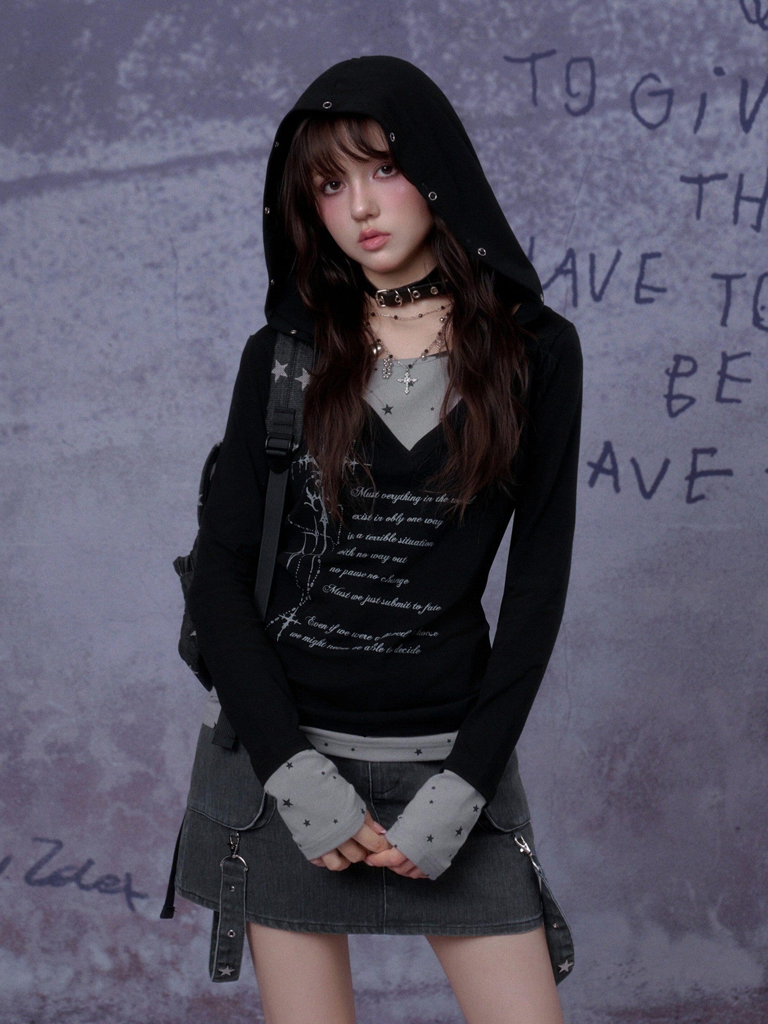 SagiDolls Graffiti Print Hooded Faux Layered Women's Cotton Blend Long Sleeve T-shirts