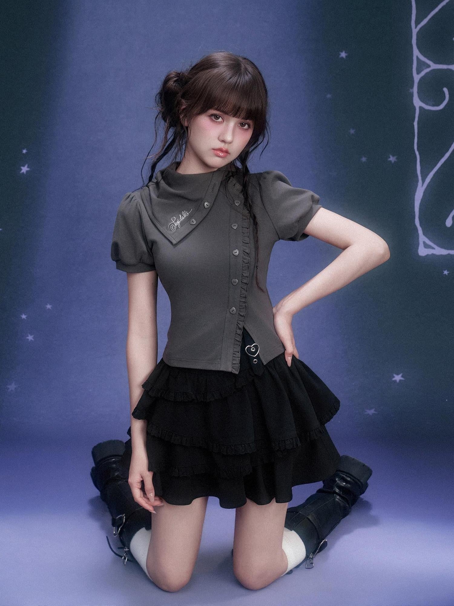 SagiDolls Gray Asymmetric Stacked Collar Puff Sleeve Women's Cotton Blend Slim T-shirts