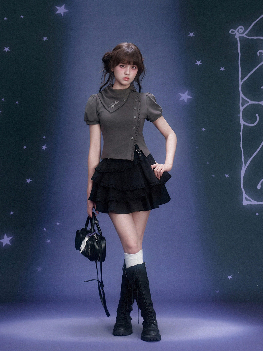 SagiDolls Gray Asymmetric Stacked Collar Puff Sleeve Women's Cotton Blend Slim T-shirts