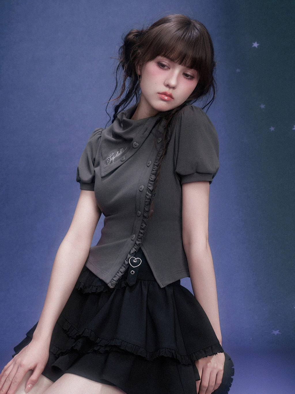 SagiDolls Gray Asymmetric Stacked Collar Puff Sleeve Women's Cotton Blend Slim T-shirts