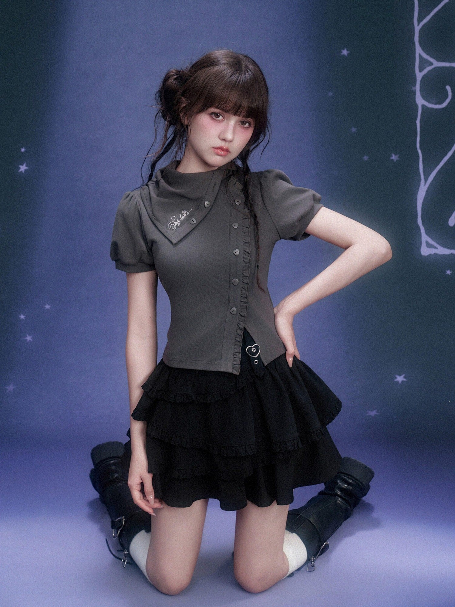 SagiDolls Gray Asymmetric Stacked Collar Puff Sleeve Women's Cotton Blend Slim T-shirts