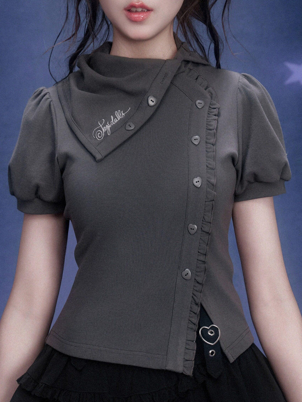 SagiDolls Gray Asymmetric Stacked Collar Puff Sleeve Women's Cotton Blend Slim T-shirts
