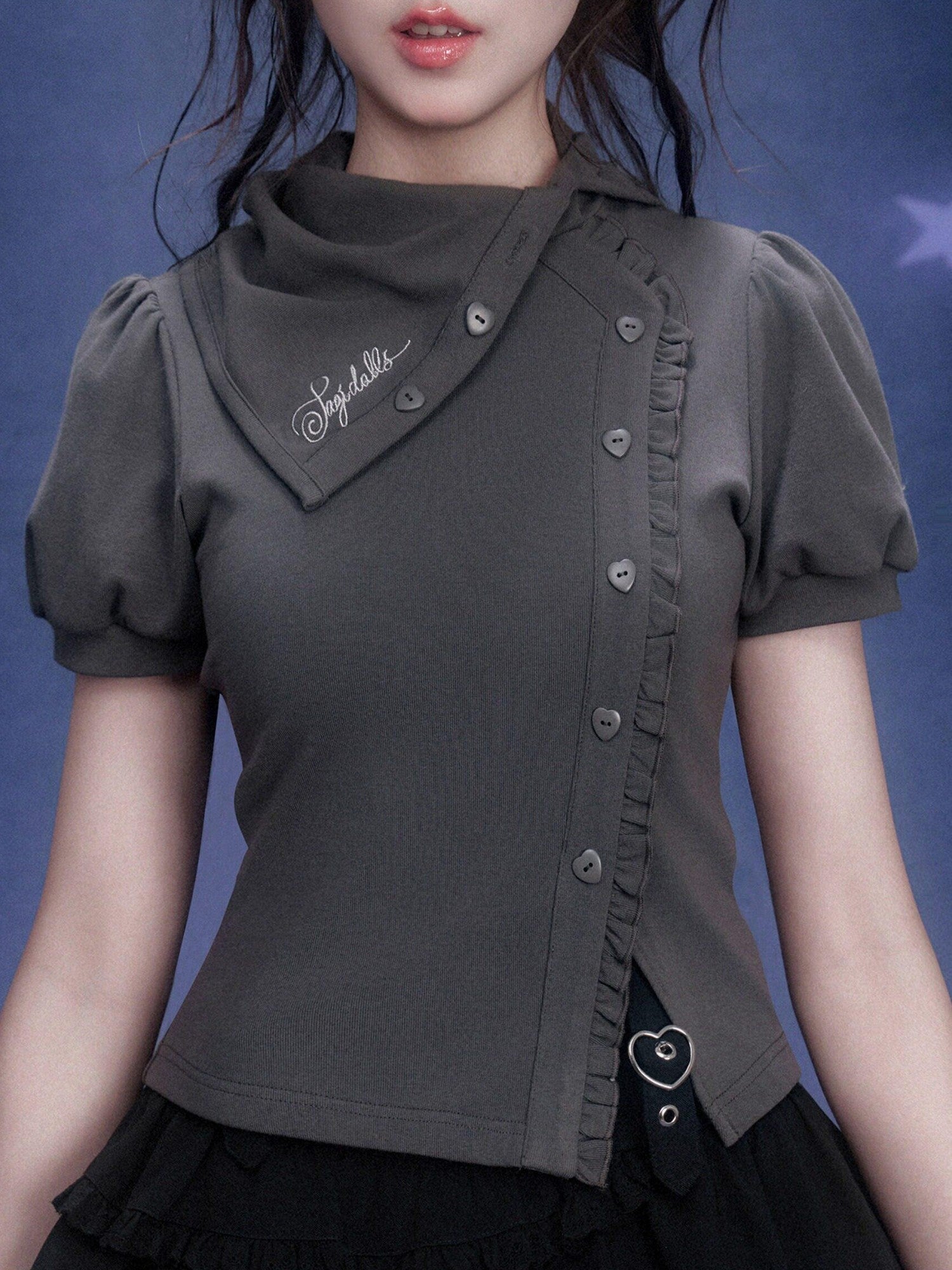 SagiDolls Gray Asymmetric Stacked Collar Puff Sleeve Women's Cotton Blend Slim T-shirts