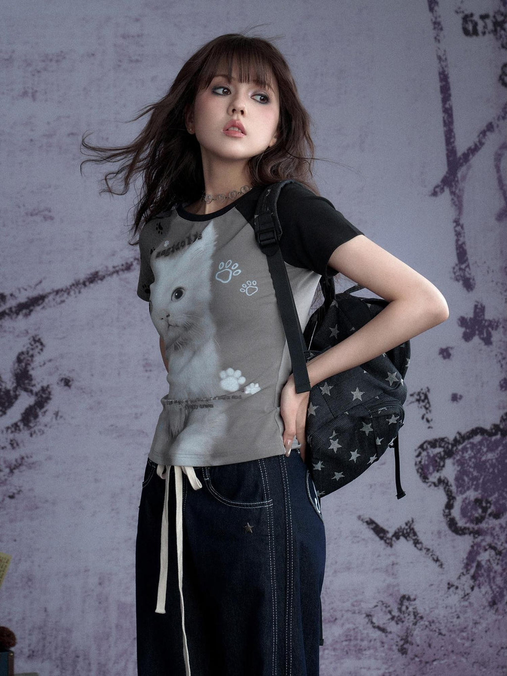 SagiDolls Gray Black Asymmetrical Cat Print Women's Cotton Blend Short Sleeve T-shirts