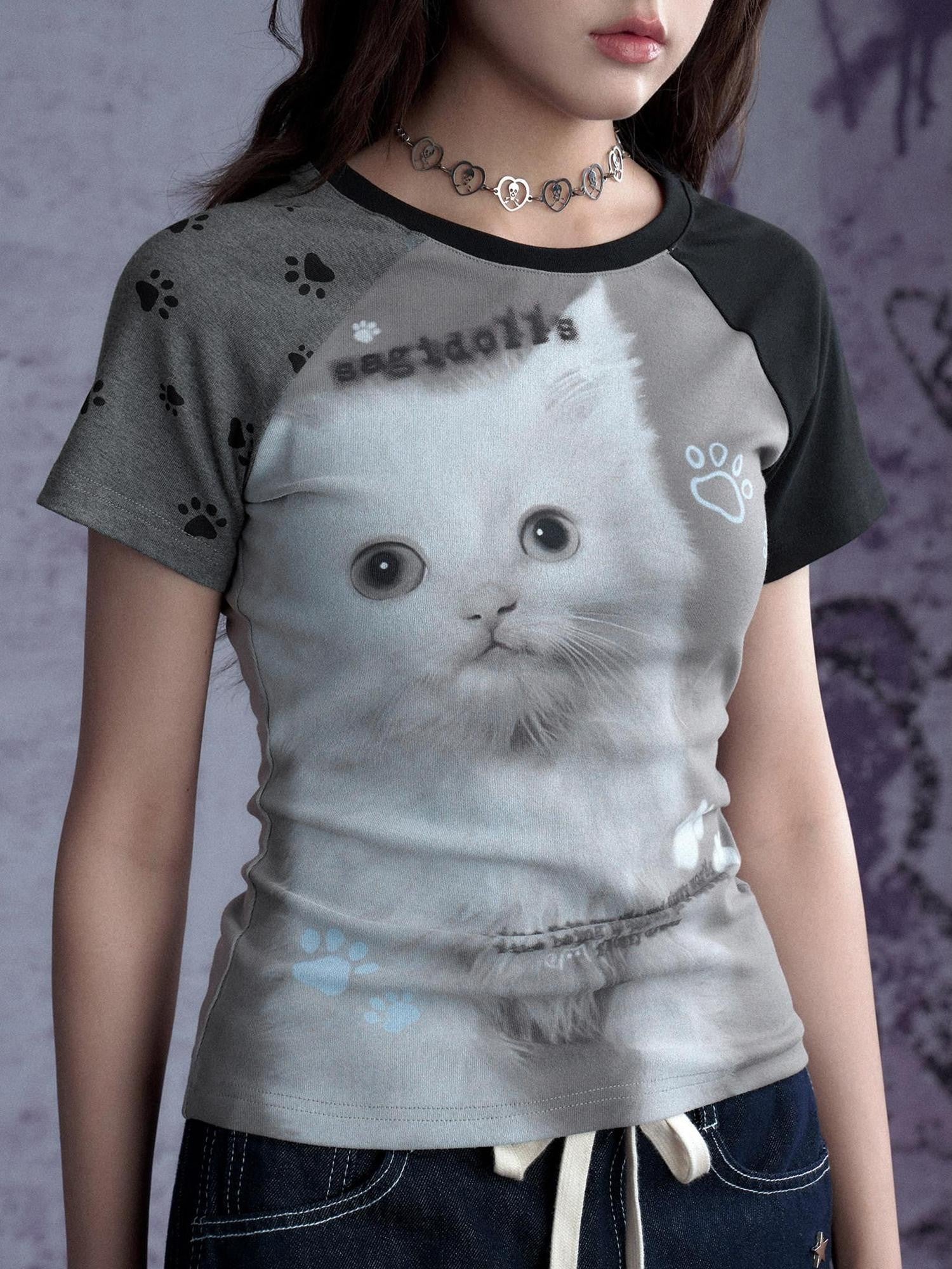 SagiDolls Gray Black Asymmetrical Cat Print Women's Cotton Blend Short Sleeve T-shirts