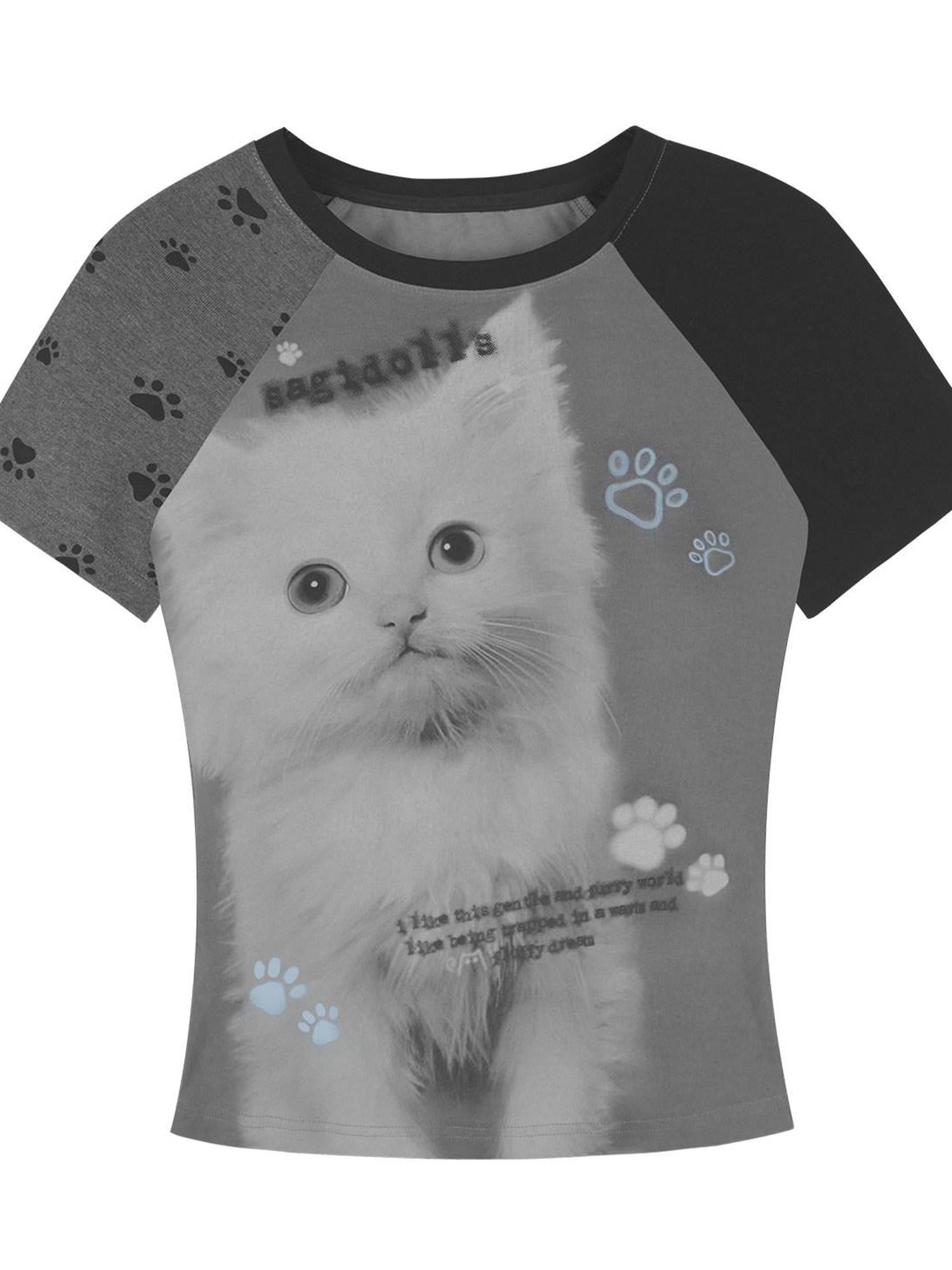 SagiDolls Gray Black Asymmetrical Cat Print Women's Cotton Blend Short Sleeve T-shirts