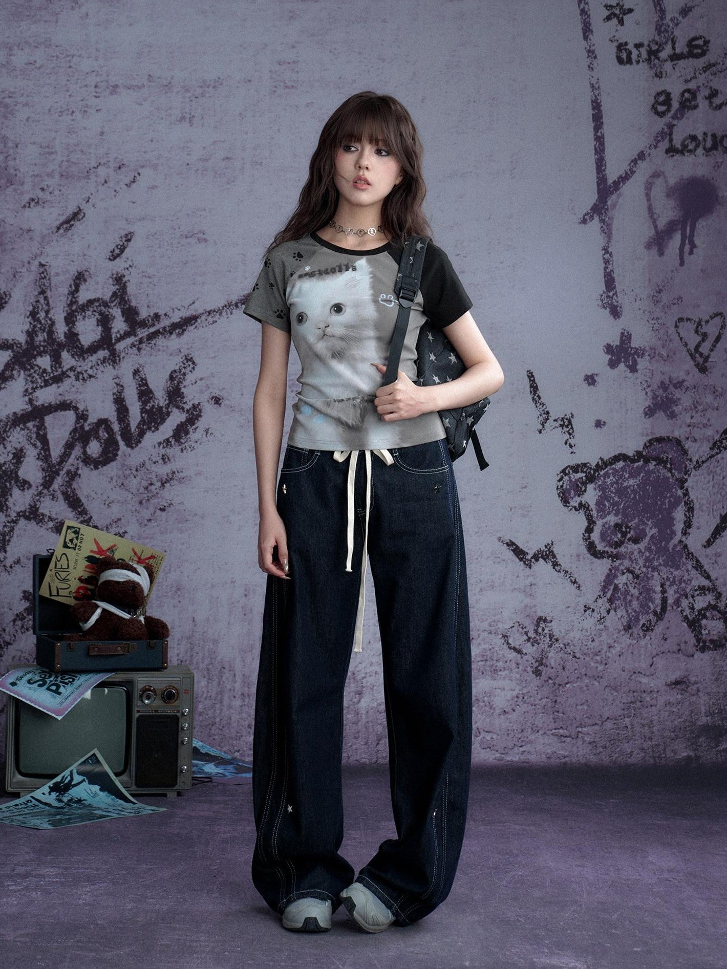 SagiDolls Gray Black Asymmetrical Cat Print Women's Cotton Blend Short Sleeve T-shirts