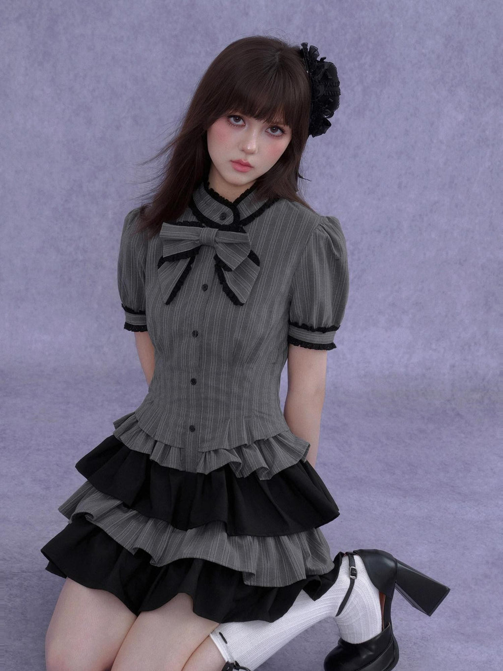 SagiDolls Gray Black Bow Puff Sleeve Cake Skirt Women's Polyester Corset Mini Dresses