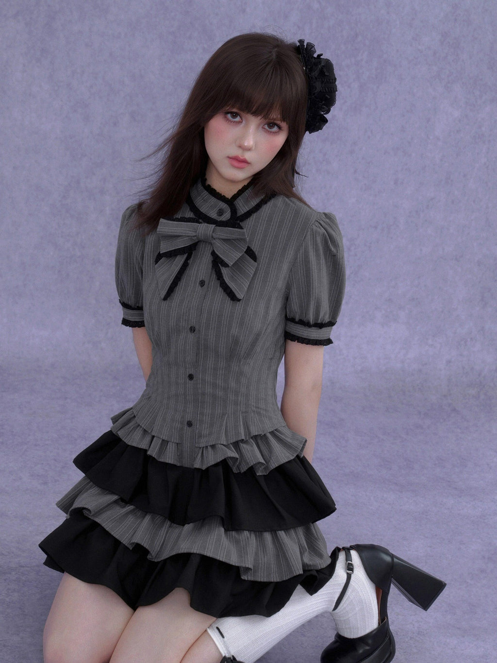 SagiDolls Gray Black Bow Puff Sleeve Cake Skirt Women's Polyester Corset Mini Dresses