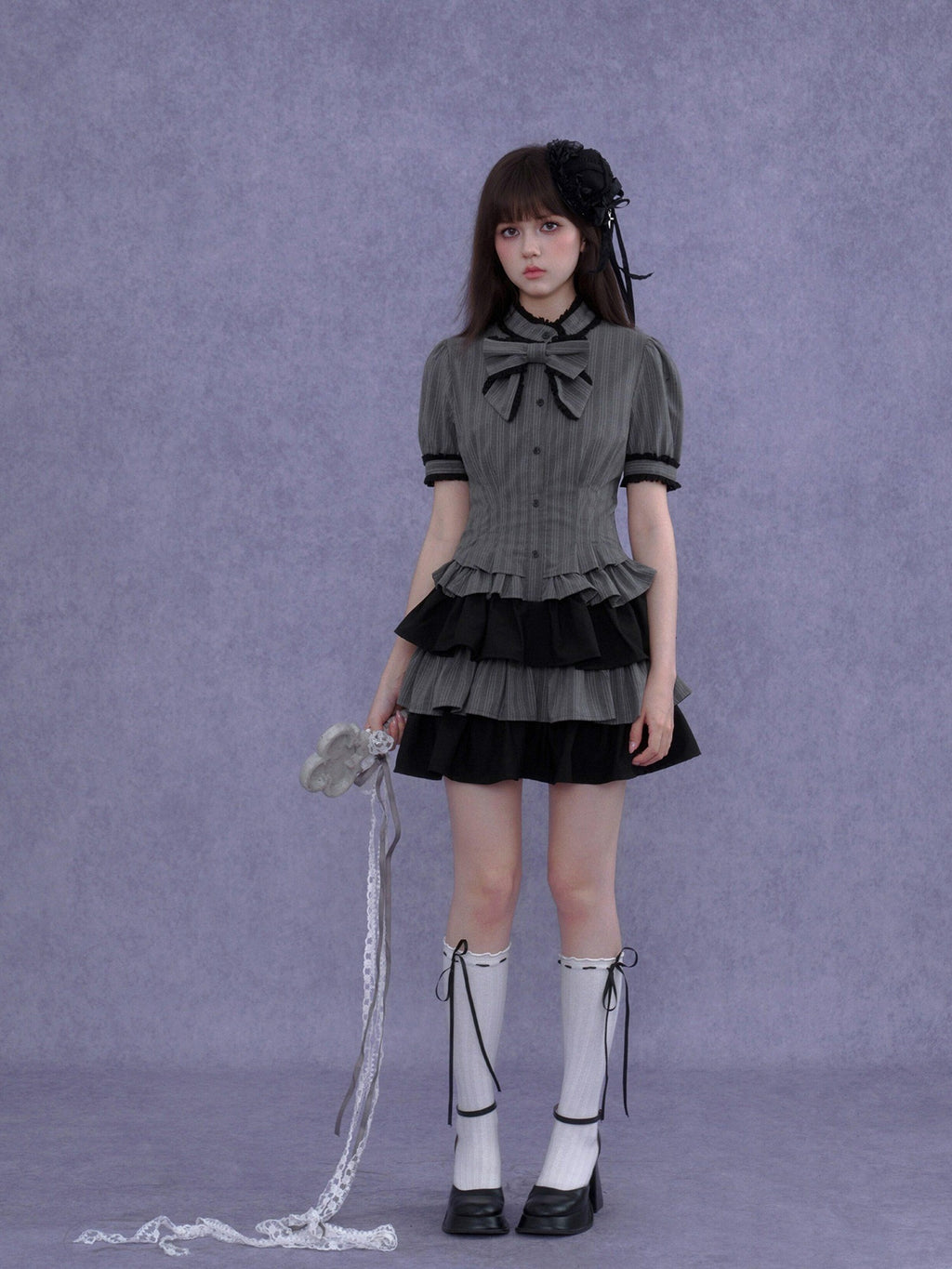 SagiDolls Gray Black Bow Puff Sleeve Cake Skirt Women's Polyester Corset Mini Dresses