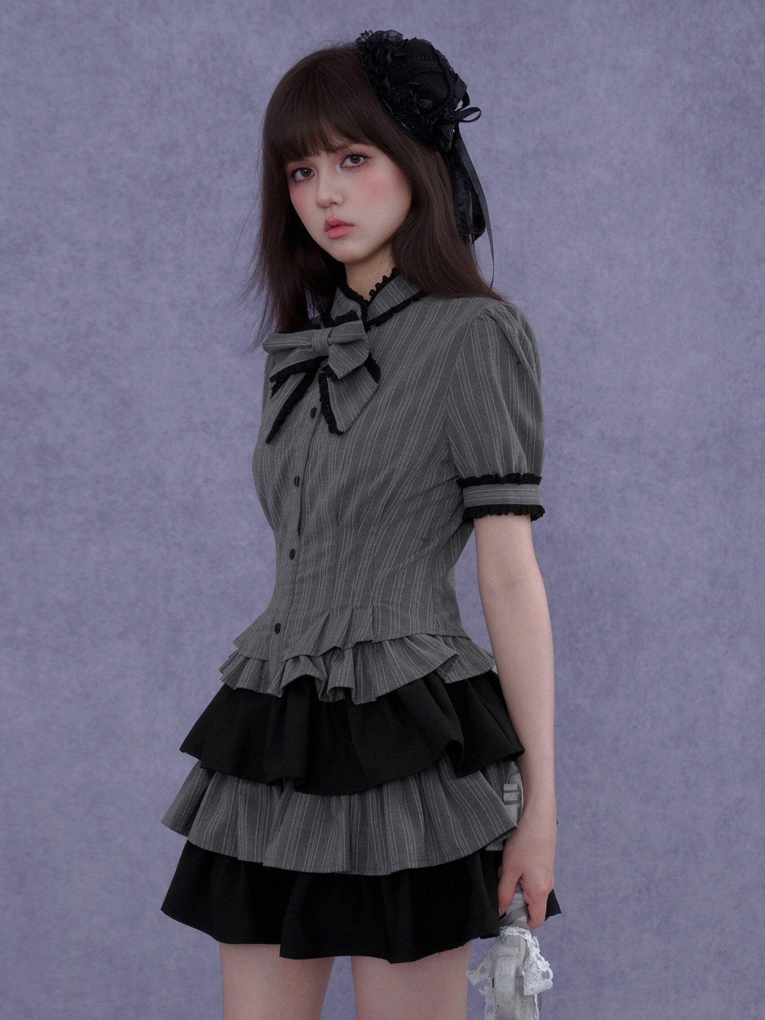 SagiDolls Gray Black Bow Puff Sleeve Cake Skirt Women's Polyester Corset Mini Dresses