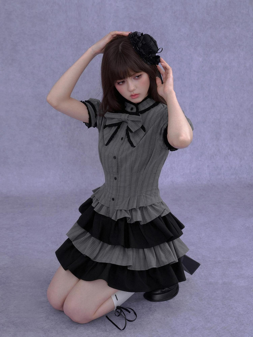 SagiDolls Gray Black Bow Puff Sleeve Cake Skirt Women's Polyester Corset Mini Dresses